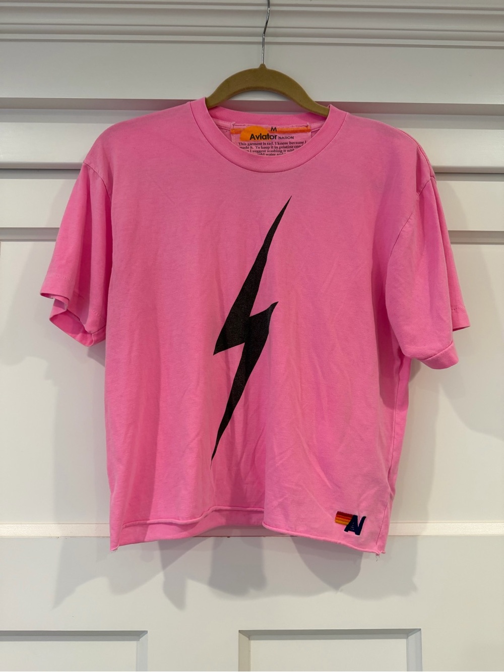 Aviator Nation Pink Lightning Bolt Raw Hem Graphic Tee Size M
